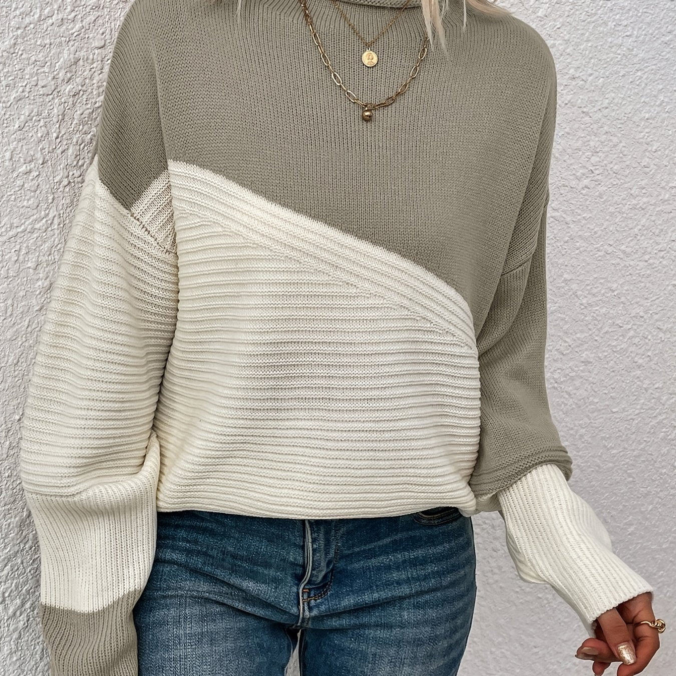 Color Block Loose Pullover Sweater, Elegant Long Sleeve Drop Shoulder Sweater, Women's Clothing