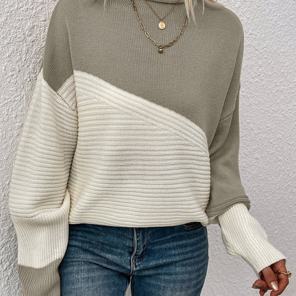 Color Block Loose Pullover Sweater, Elegant Long Sleeve Drop Shoulder Sweater, Women's Clothing