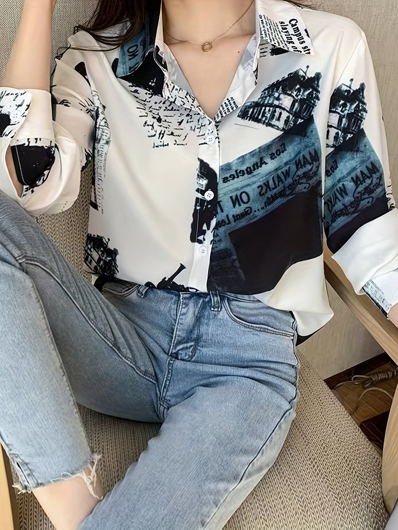 Chic Vintage-Inspired Women's Long Sleeve Blouse - Casual Polyester Chiffon Shirt with Unique Newspaper Print, Machine Washable, Perfect for Spring/Fall