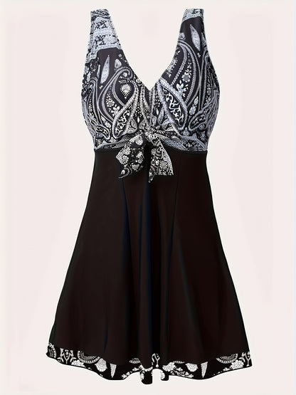 Plus Size Womens Vibrant Floral Print Tie Front V Neck One Piece Swimsuit - High Stretch, Comfortable, Vacation Essential - Polyester Knit Fabric, Random Printing, No Sheer