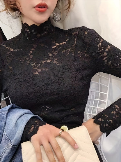 Sexy Lace Mock Neck Long Sleeve Slim Fit Top - Flattering, Breathable, and Comfortable for Spring and Fall - Women's Stylish Clothing for Everyday Wear