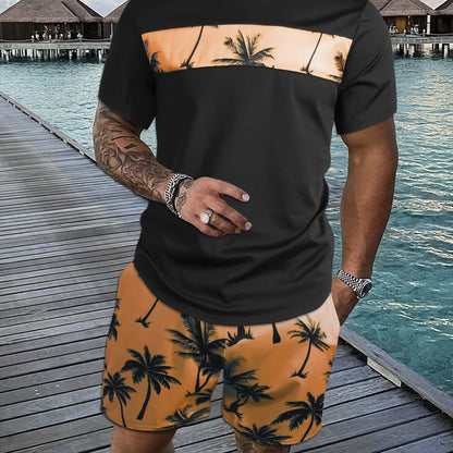 2Pcs Men's Tropical Coconut Tree Print Casual Outfits - Crew Neck Short Sleeve T-shirt & Drawstring Shorts Set - For Summer Vacation & Resorts - Men's Clothing