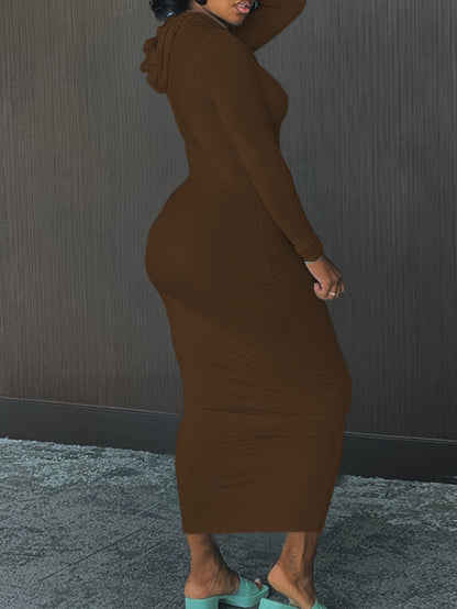 Cozy Winter Hooded Lounge Dress - Casual Wrap Style with High Elasticity, Easy Care, Long Sleeve Knit for Women