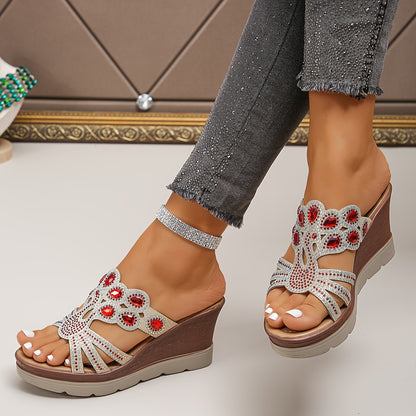 Women's Rhinestone Decor Wedge Sandals, Casual Cutout Design Platform Sandals, Comfortable Summer Shoes