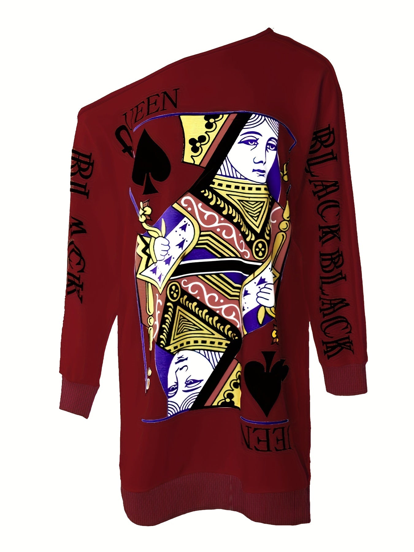 Slant Shoulder Queen Poker Print Dress, Long Sleeve Casual Dress For Fall & Spring, Women's Clothing