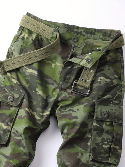Mens Camouflage Cargo Pants - Relaxed Fit, Cuffed, Multiple Flap Pockets, Versatile, Durable, Ideal for Hiking, Workout, and Outdoors Activities in All Seasons - Belt Sold Separately