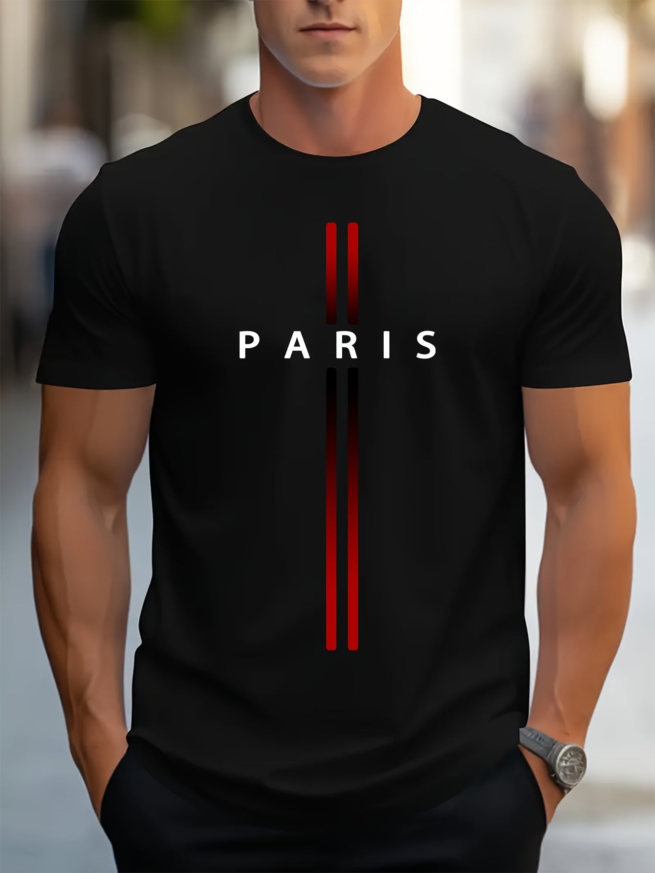 Paris Print, Men's Graphic Design Crew Neck T-shirt, Casual Comfy Tees Tshirts For Summer, Men's Clothing Tops For Daily Vacation Resorts