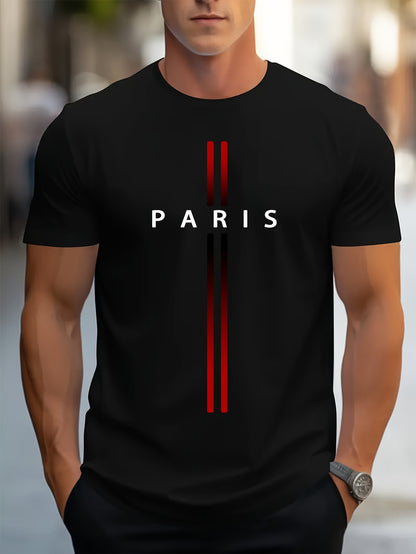 Paris Print, Men's Graphic Design Crew Neck T-shirt, Casual Comfy Tees Tshirts For Summer, Men's Clothing Tops For Daily Vacation Resorts