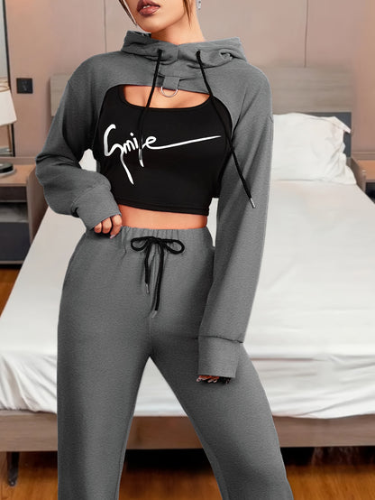 Three-Piece Bodycon Pantsuit Set - Women's Casual Drawstring Hooded Crop Top, Smile Letter Print Tank Top, and Long Length Pants Outfit with Relaxed Fit and Soft Fabric