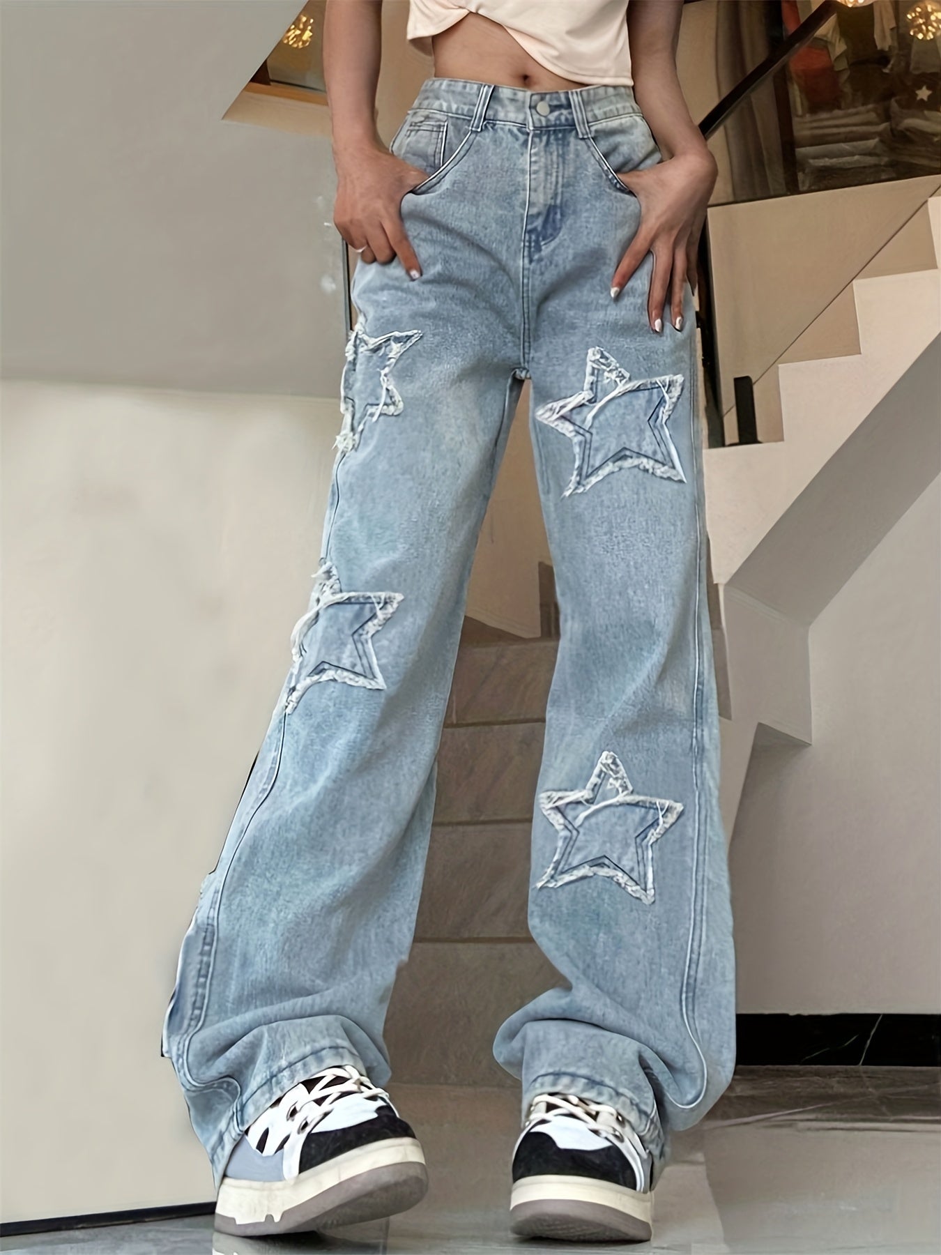 Women's Loose Fit Blue Star Patchwork Straight Jeans, Non-Stretch Wide Legs with Slant Pockets, Comfortable Denim Jeans for Everyday Wear