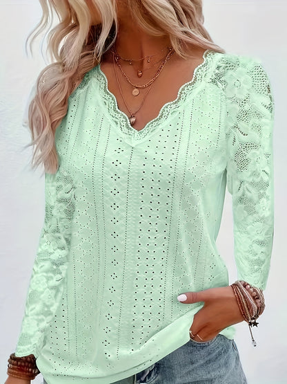 Chic Contrast Lace V-neck Eyelet T-Shirt - Fashionable Long Sleeves for Spring & Fall - A Stylish Womens Wardrobe Essential