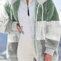 Plus Size Colorblock Fuzzy Hoodie Drawstring Zip Up Coat, Women's Plus Pocket Casual Overcoat