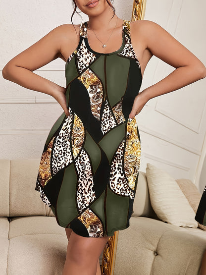 Plus Size Retro Chic Night Dress - Soft Slight Stretch Polyester Fabric, Random Paisley & Leopard Print, Scoop Neck, Racer Back, Boho Style, Casual Sleepwear for Spring, Summer, Fall Seasons