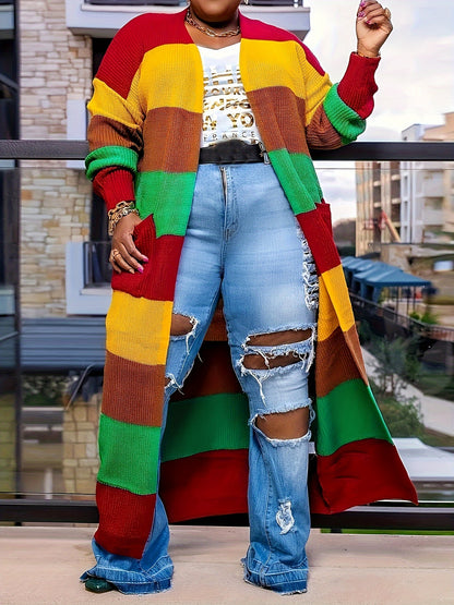 Long Sleeve Color Block Knit Cardigan - Stylish Open Front, Cozy Casual Sweater with Convenient Pockets, Perfect for Womens Everyday Wear