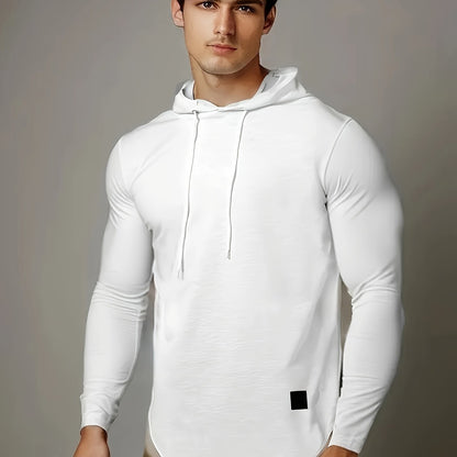 [1pc Long Sleeve Casual Hoodie] 1pc Men'S Casual Fashion Hoodie - Long Sleeve, Solid Color, Regular Fit, Knit Polyester, Micro-Elastic, Regular Length, Crew Neck Pullover