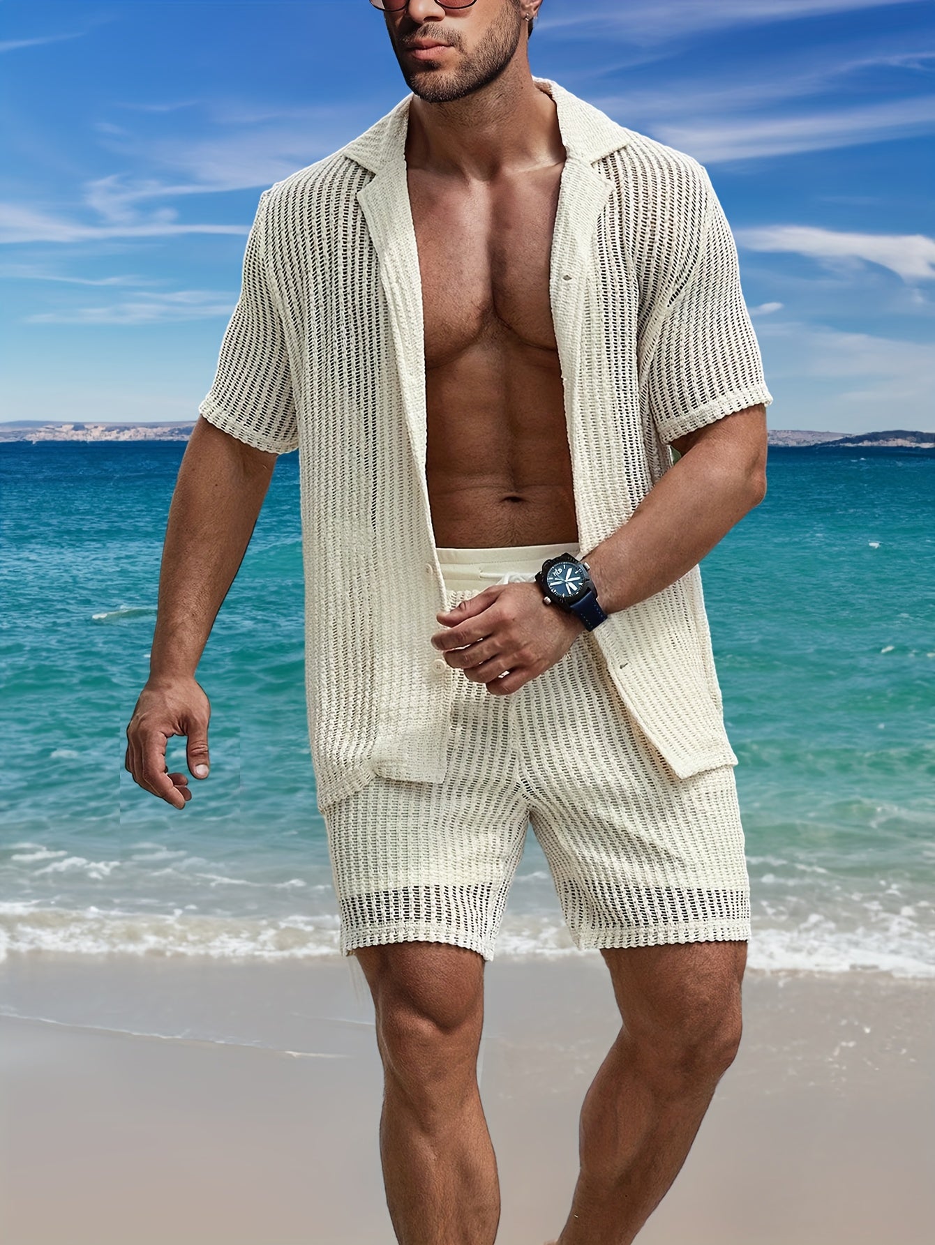 2Pcs Men's Co-ord Set - Breathable Hollow Out Short Sleeve Shirt and Drawstring Shorts for Summer - Daily Leisure, Vacation, Resorts, and Outdoor Activities