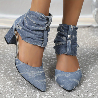 Women's Solid Color Denim Shoes, Point Toe Back Zipper Chunky Heel Casual Shoes, Trendy Daily Comfy Shoes