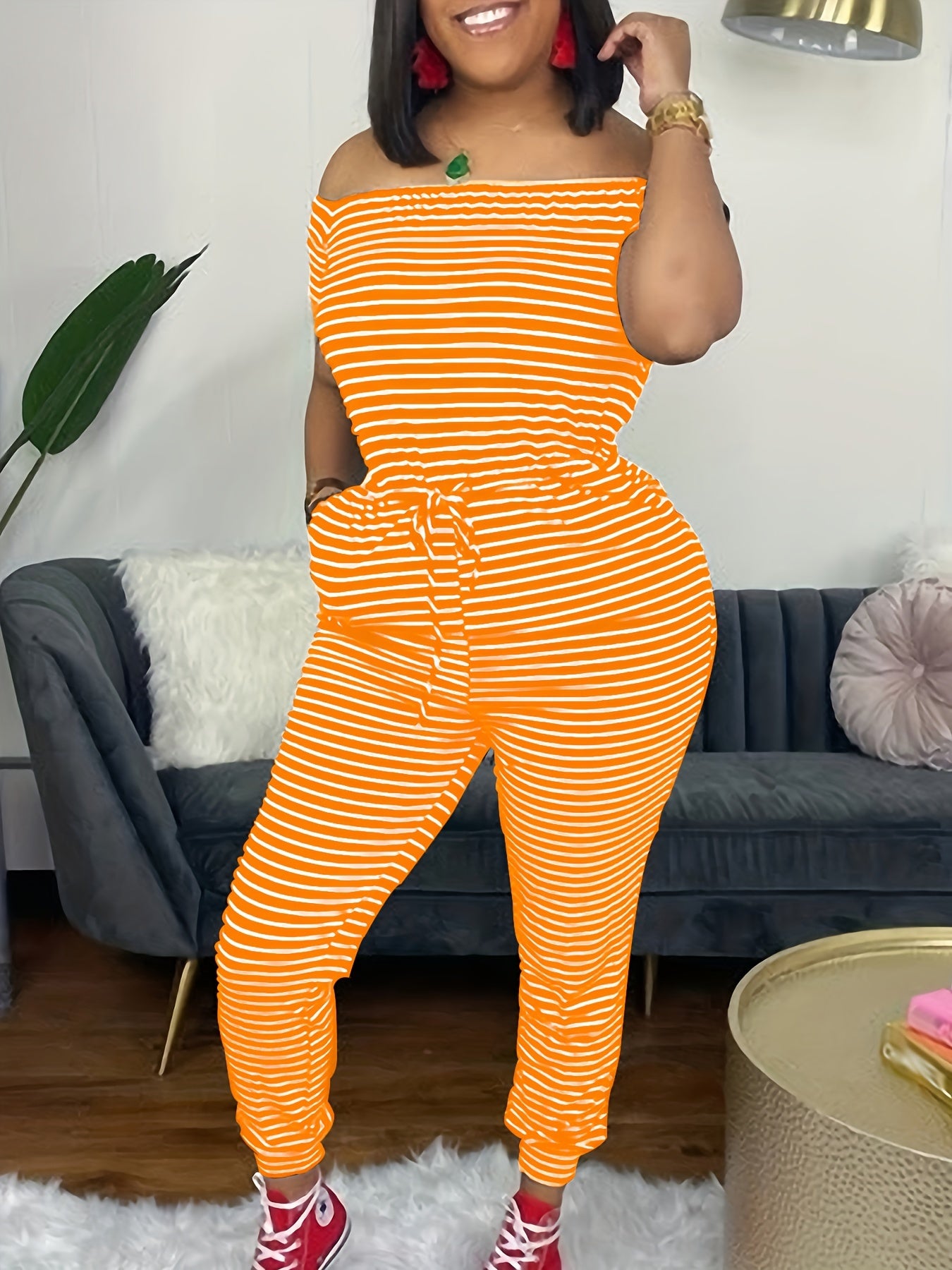 Striped Off Shoulder Drawstring Jumpsuit, Casual Short Sleeve Slim Jumpsuit For Spring & Summer, Women's Clothing