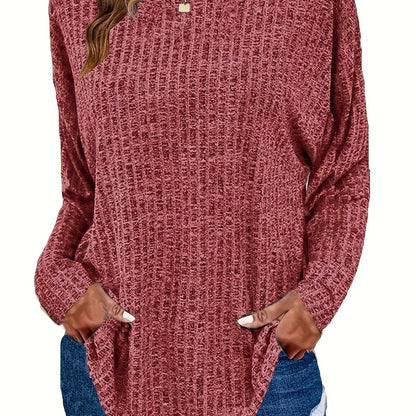 Plus Size Casual Sweater, Women's Plus Solid Ribbed Long Sleeve Round Neck Knit Top
