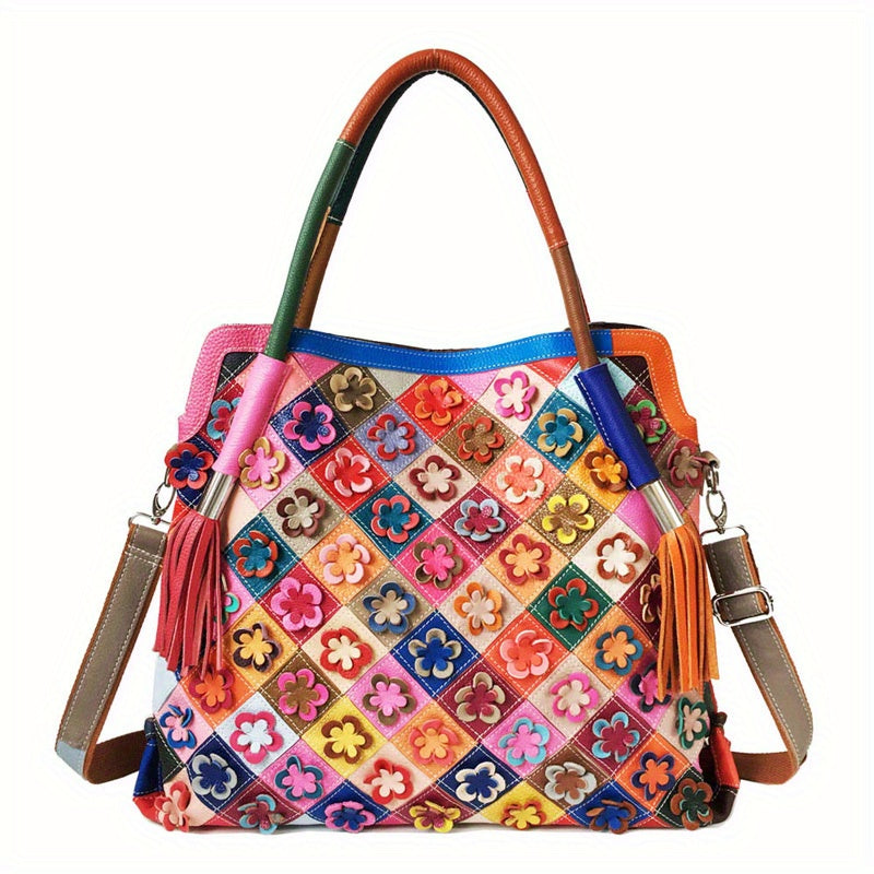 Retro 3D Flower Embroidery Tote Bag, Women's Colorblock Patchwork Purse, Large Capacity Genuine Leather Crossbody Bag