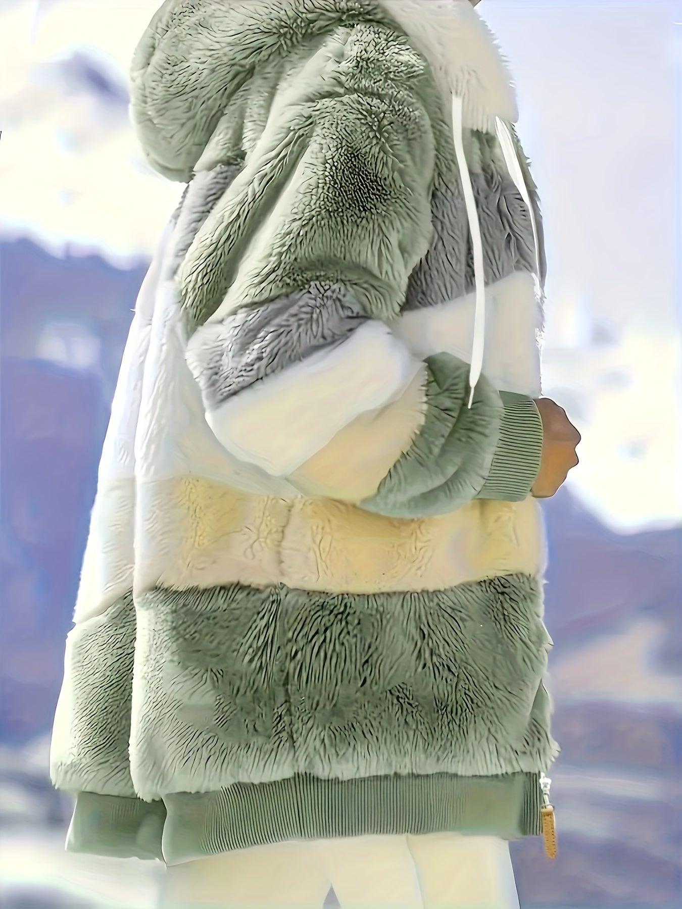 Ultra-Soft Color Block Fuzzy Hooded Coat - Stylish Winter Warm Outerwear with Full-Length Sleeves - Perfect for Casual Wear - Womens Clothing