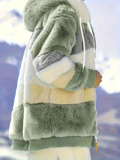 Ultra-Soft Color Block Fuzzy Hooded Coat - Stylish Winter Warm Outerwear with Full-Length Sleeves - Perfect for Casual Wear - Womens Clothing