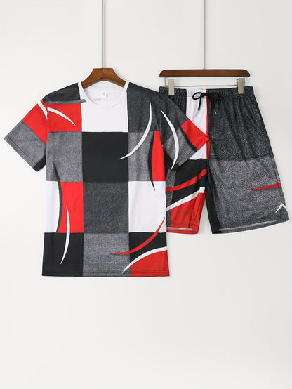 2pcs Sports Set, Men's Comfy Crew Neck Plaid Tee & Active Slightly Stretch Breathable Pants For Outdoor Activities