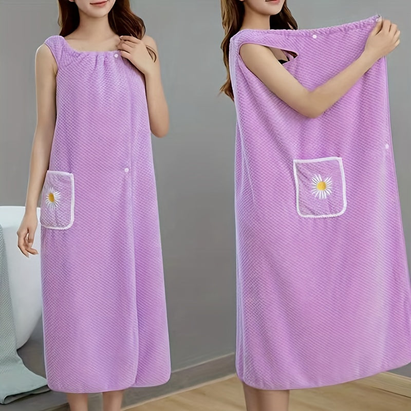 1pc Absorbent Flower Pattern Bath Towel with Pockets for Women - Quick Drying Spa Wrap and Sauna Kilt - Long Bathrobe Skirt for Adults - Bathroom Supplies and Accessories