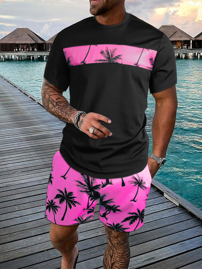 2Pcs Men's Tropical Coconut Tree Print Casual Outfits - Crew Neck Short Sleeve T-shirt & Drawstring Shorts Set - For Summer Vacation & Resorts - Men's Clothing