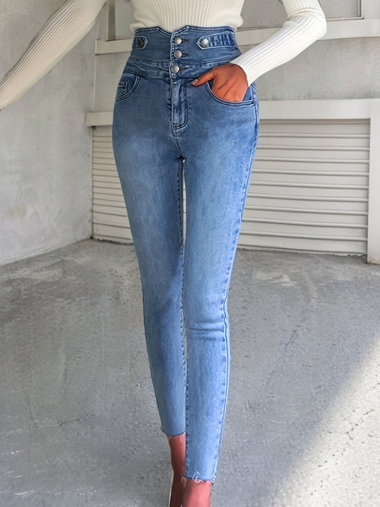 High Waist Tummy Control Raw Cut Denim Pants, Multi Buttons Single-breasted Elegant Washed Blue Skinny Jeans, Women's Denim Jeans & Clothing
