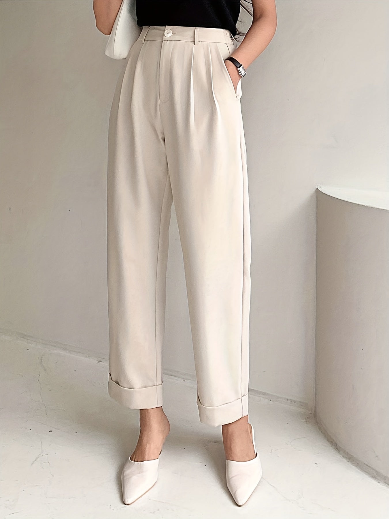 Chic Solid High Waist Pleated Pants - Flattering Draped Design, Straight Leg, Casual Style - Perfect for Womens Wardrobe