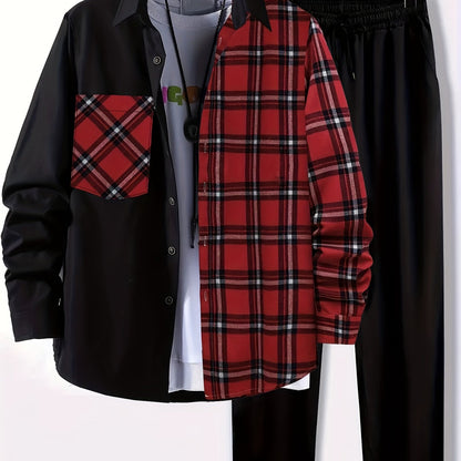 Plus Size Men's Plaid Shirt & Pants Set For Spring/autumn, Oversized Loose Fit 2Pcs Outfits For Workout/outdoor, Men's Clothing