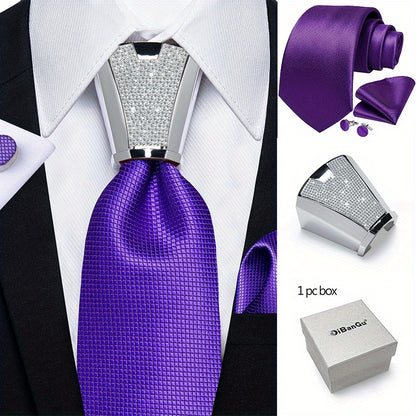 [For Business Silvery Necktie Set] Men's Necktie Silvery Ring & Handkerchief & Cufflinks Set For Business Accessories With Gift Box