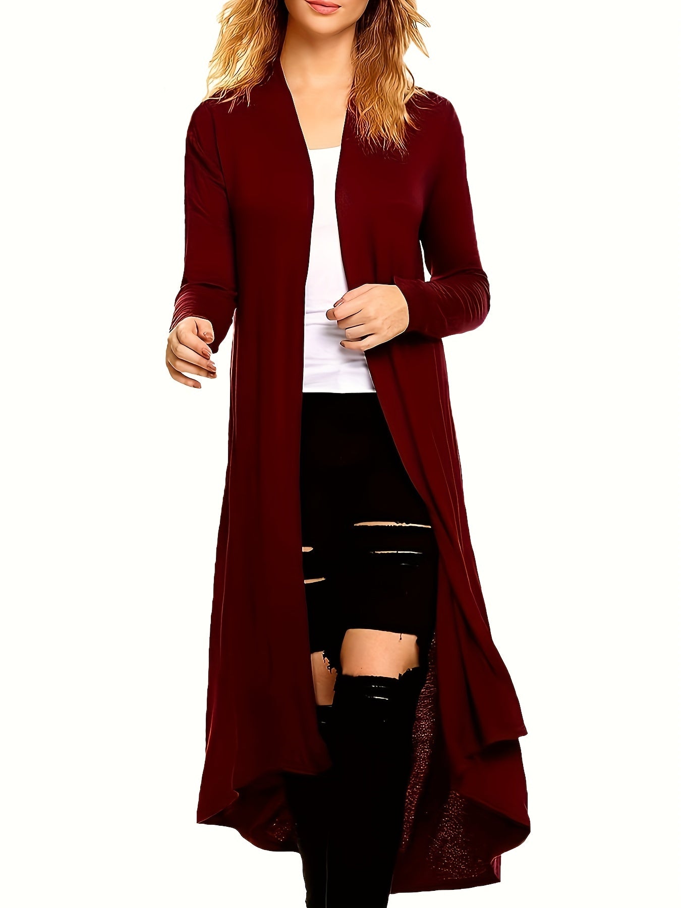 Cozy Long Length Cardigan Sweater - Soft Open Front Drape Knit Design, Casual Long Sleeve, Relaxed Fit, Women's Clothing for Everyday Wear