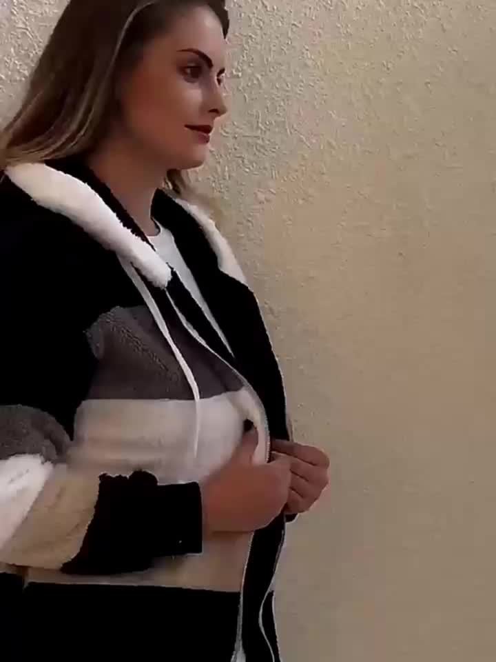 Ultra-Soft Color Block Fuzzy Hooded Coat - Stylish Winter Warm Outerwear with Full-Length Sleeves - Perfect for Casual Wear - Womens Clothing