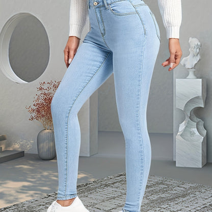Blue Slim Fit Skinny Jeans, Slim Fit High-Stretch Slant Pockets High Rise Denim Pants, Women's Denim Jeans & Clothing