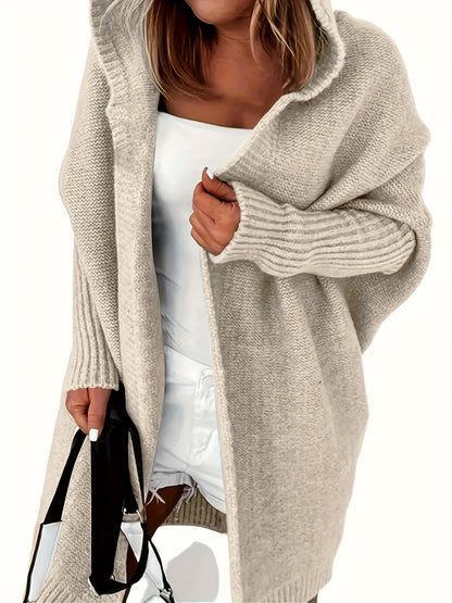 Plus Size Casual Cardigan, Women's Plus Solid Stitching Long Sleeve Hooded Open Front Slight Stretch Sweater Cardigan