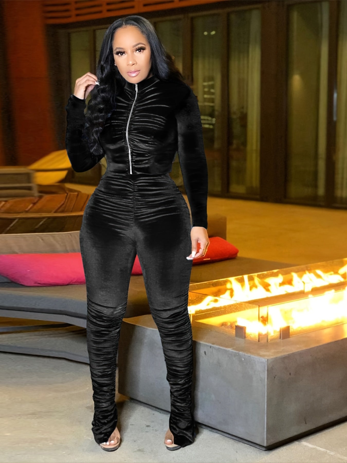 Two-Piece Long Sleeve Crop Top & High Waist Ruched Ruffle Pants Set - Soft Polyester Knit Fabric, Mid Elasticity, Placket Closure, Solid Color - Casual Wear for Women