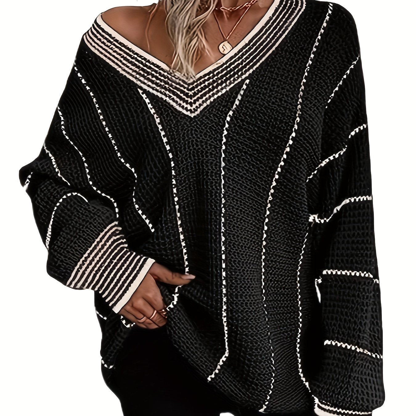 Striped V Neck Oversized Sweater, Casual Long Sleeve Comfy Sweater, Women's Clothing