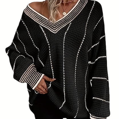 Striped V Neck Oversized Sweater, Casual Long Sleeve Comfy Sweater, Women's Clothing