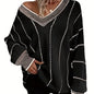 Striped V Neck Oversized Sweater, Casual Long Sleeve Comfy Sweater, Women's Clothing