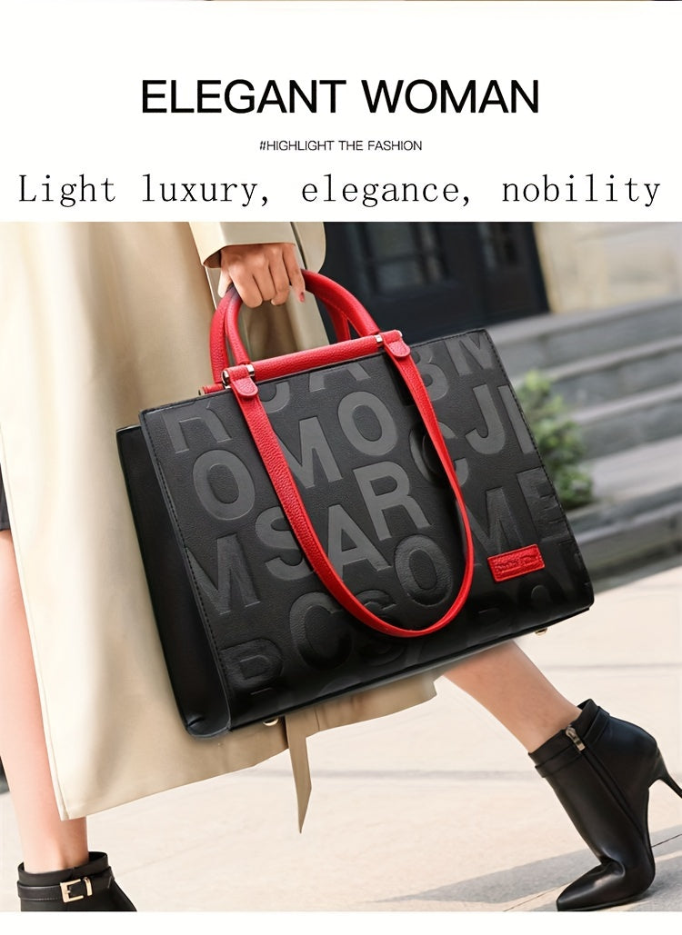 Classic Letter Embossed Tote Bag, Colorblock Shoulder Bag, All-Match Satchel Bag For Work