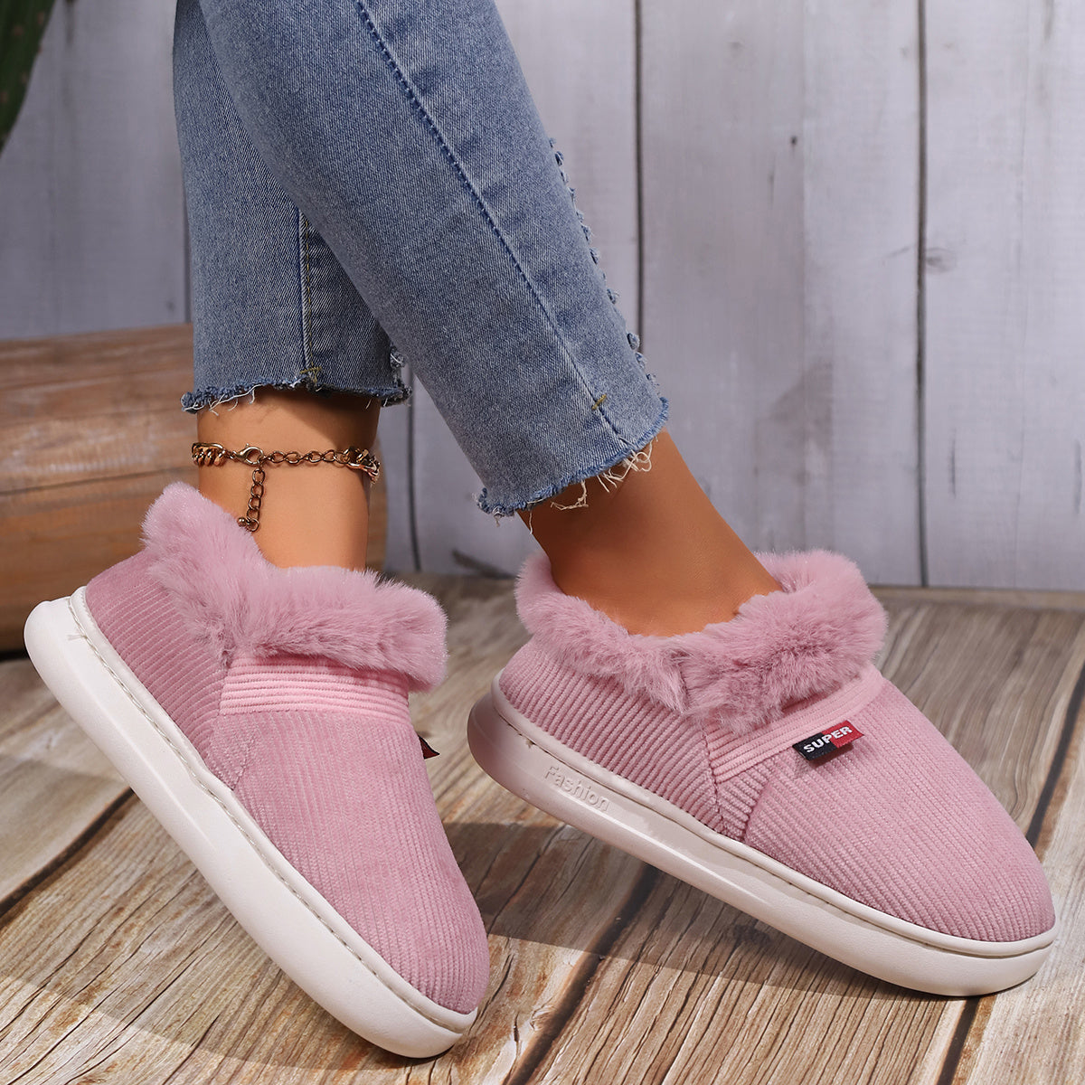 Ultra Soft Cozy Fuzzy House Slippers - Winter Warm Plush Lined Shoes for Men and Women - Cozy Corduroy Slip On Slippers with Fleece Lining for Cold Weather