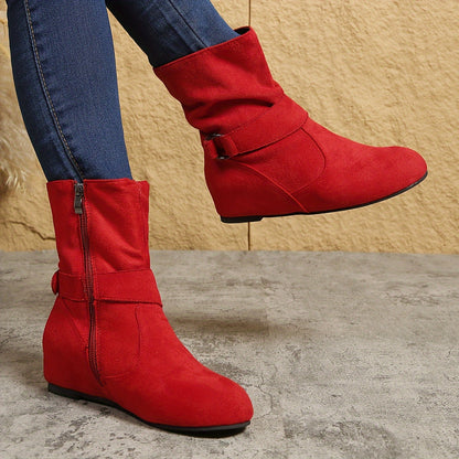 Womens Classic Solid Color Ankle Boots with Round-Toe Design - Fashion Buckle Belt & Side Zipper Closure - Ultra-Comfortable Outdoor Shoes for Stylish Adventures
