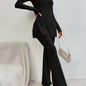 Solid Ribbed Lounge Set, Long Sleeve Side Split Top & Elastic Waistband Pants, Women's Loungewear & Sleepwear