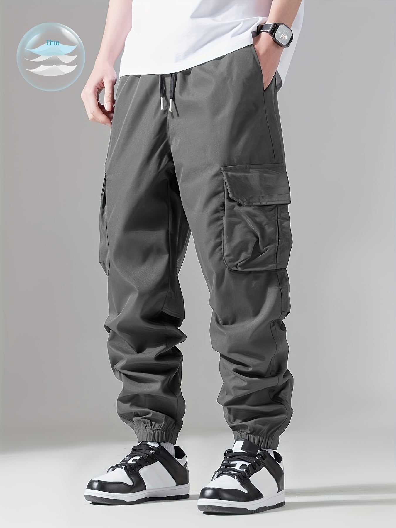 Mens Comfortable Loose Fit Cargo Joggers - Stylish Multi-pocket Drawstring Pants with Adjustable Waist - Perfect for Spring, Fall Outdoor Adventures
