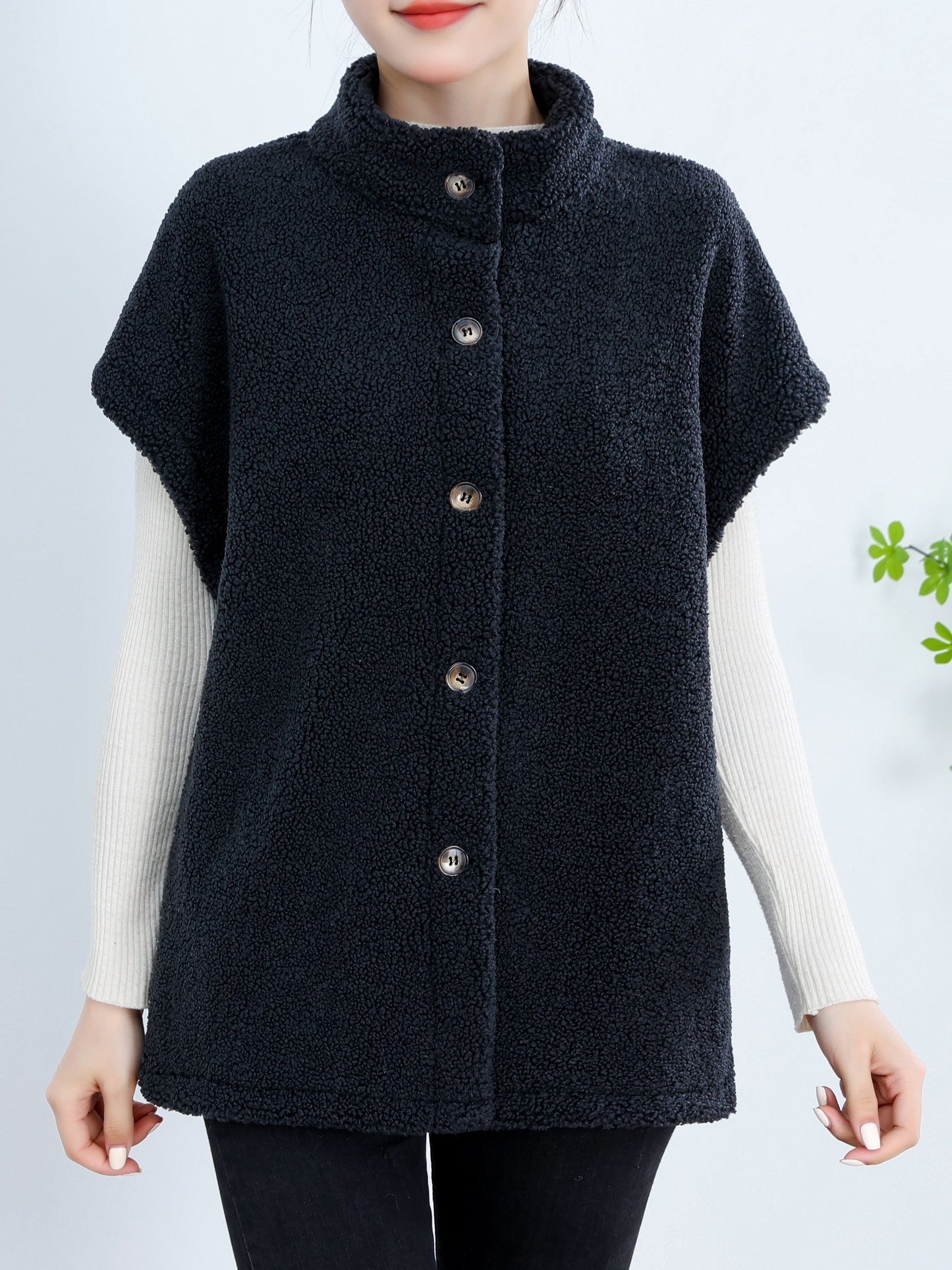 Womens Chic Button Front Teddy Vest - Lightweight Fleece, Short Sleeve, Solid Colors - Perfect for Layering, Stylish & Versatile Wardrobe Staple
