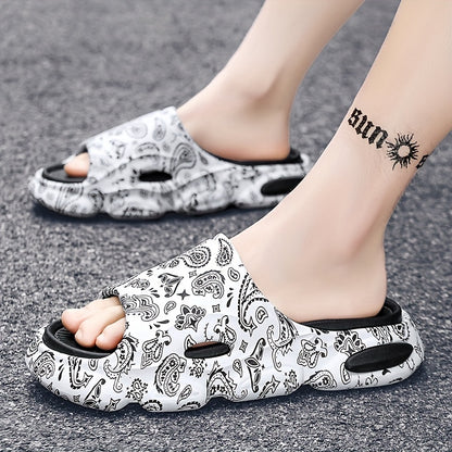 Cloud Slides Teardrop Motif Print Pillow Slippers - Non-Slip, Open-Toe, Breathable, Soft EVA Insoles, Slip-On Design, Perfect for Indoor, Outdoor, Beach, and Shower Use in Spring and Summer