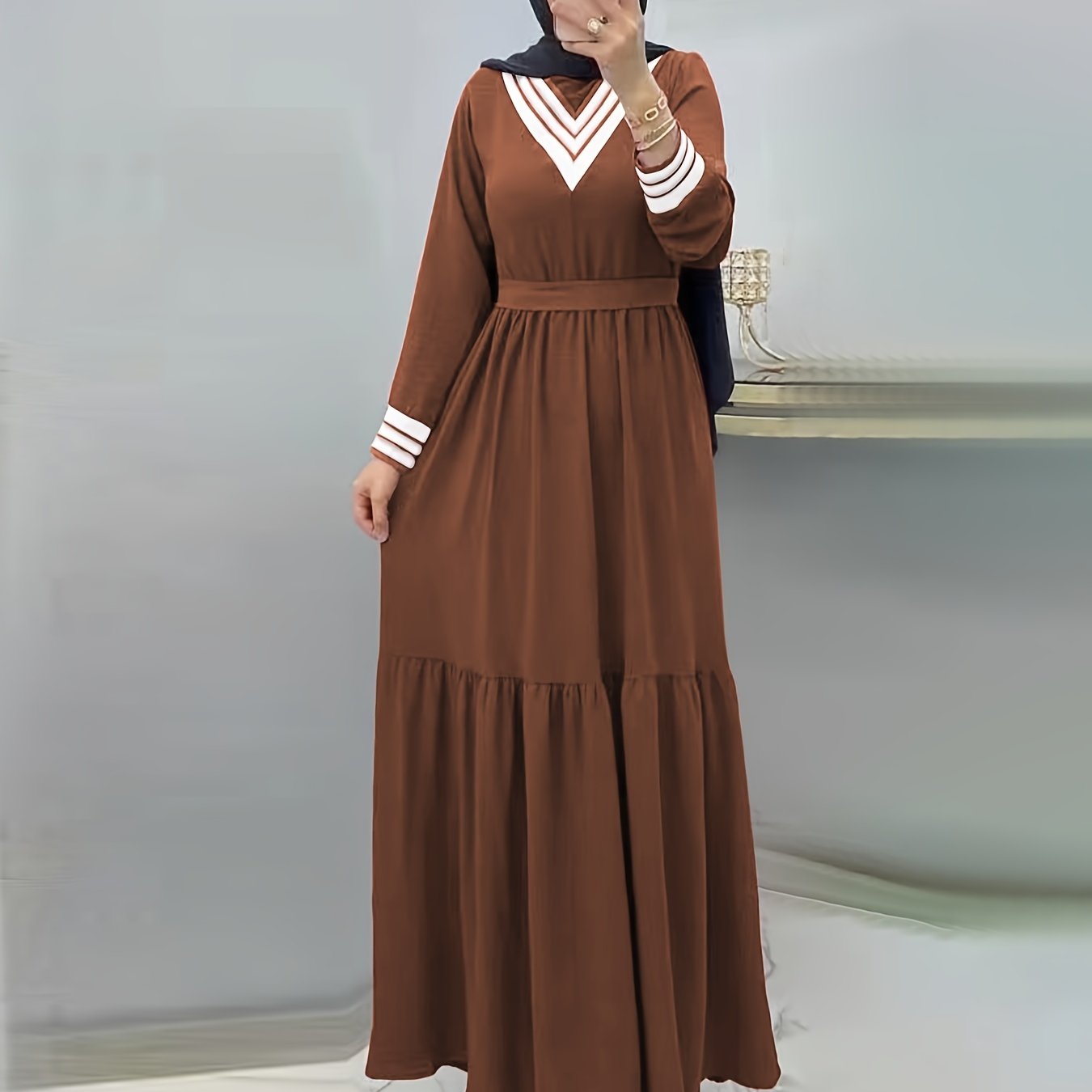 Ramadan Elegant Long Sleeve Tie Waist Maxi Modest Dress - Abayas for Women with Solid Color, Comfortable Wear, and Modest Fashion - Perfect for Islamic Occasions and Everyday Wear