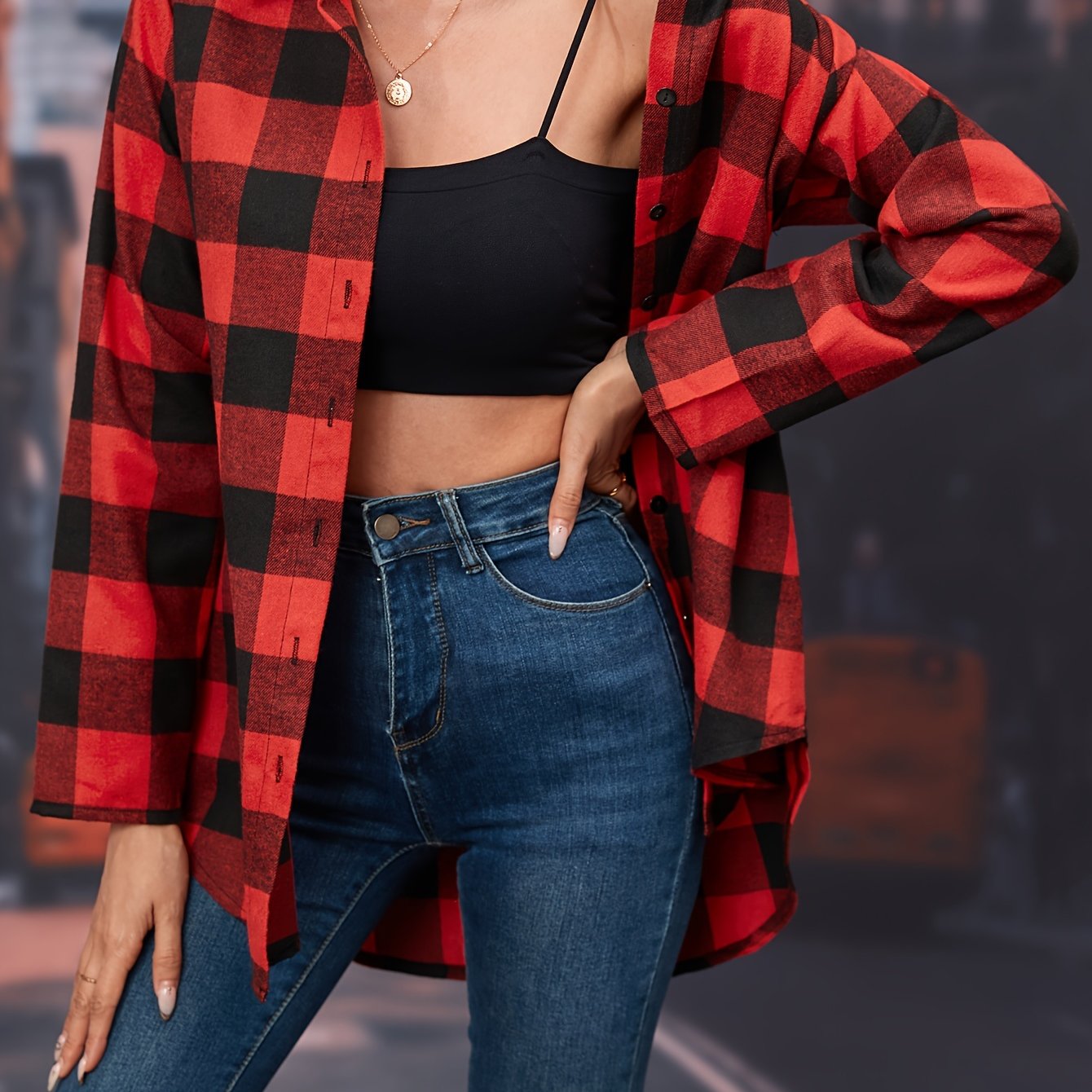 Plaid Print Classic Shirt, Casual Button-Front, Long Sleeve, Women's